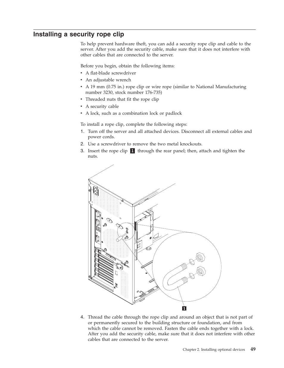 Installing a security rope clip, Installing, Security | Rope, Clip | Lenovo 6434 User Manual | Page 63 / 96