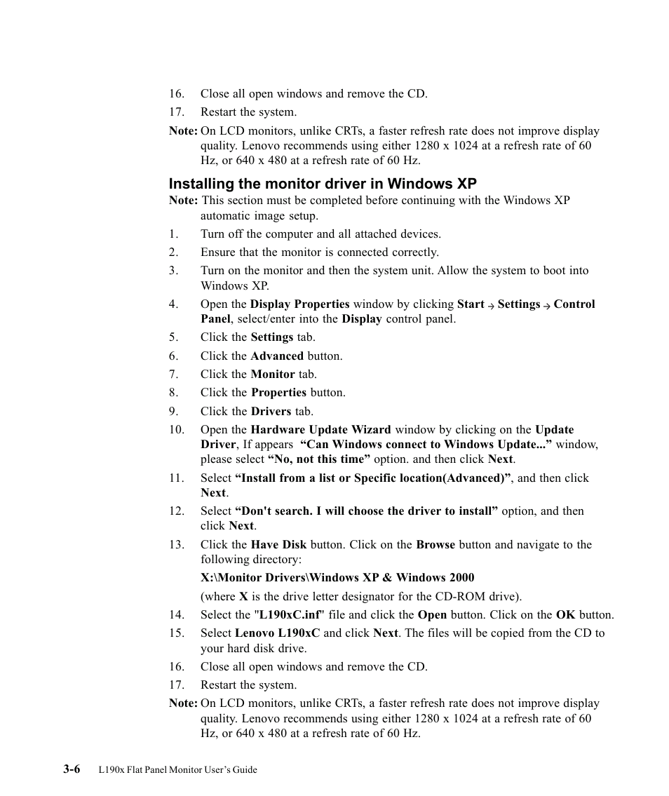 Installing the monitor driver in windows xp | Lenovo L190X User Manual | Page 30 / 42