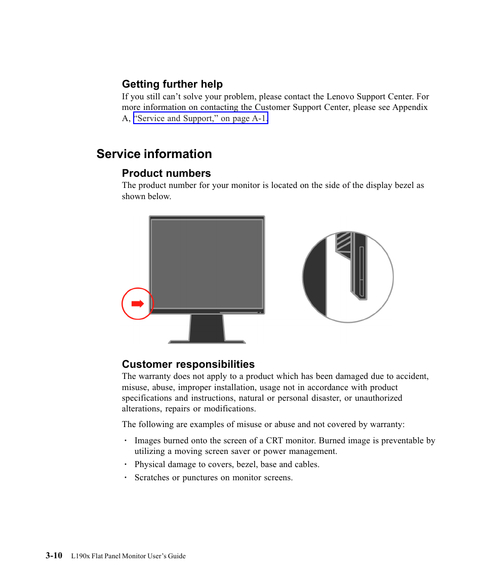 Getting further help, Service information, Product numbers | Customer responsibilities | Lenovo L190X User Manual | Page 34 / 42