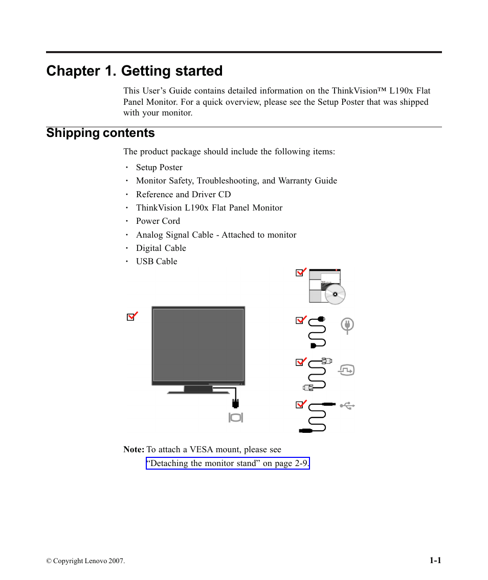 Chapter 1. getting started, Shipping contents | Lenovo L190X User Manual | Page 5 / 42