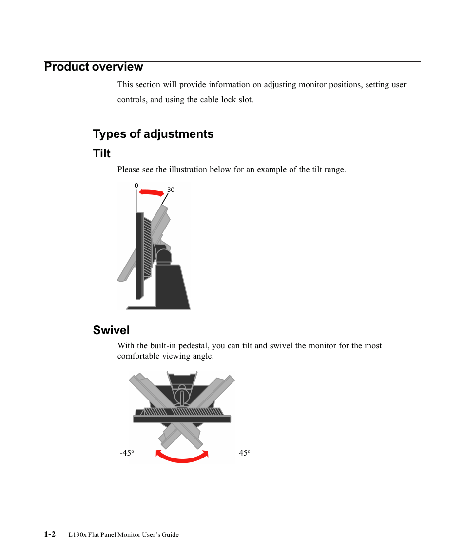 Product overview, Types of adjustments, Tilt | Swivel, Types of adjustments tilt | Lenovo L190X User Manual | Page 6 / 42