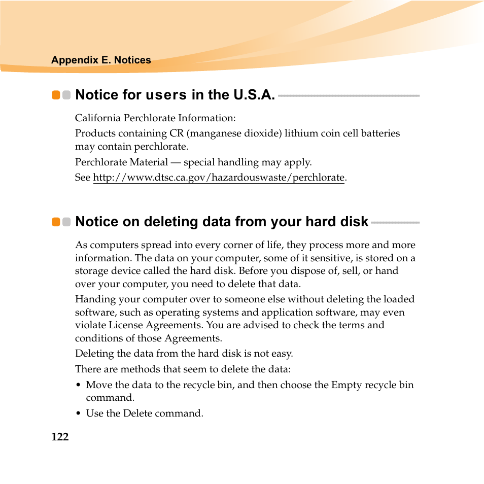 Notice for users in the u.s.a, Notice on deleting data from your hard disk | Lenovo IDEAPAD Y560P User Manual | Page 136 / 145