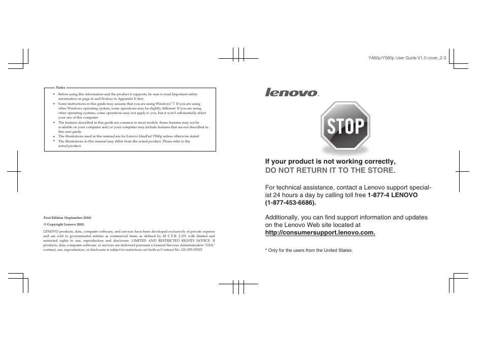 Do not return it to the store, If your product is not working correctly | Lenovo IDEAPAD Y560P User Manual | Page 2 / 145