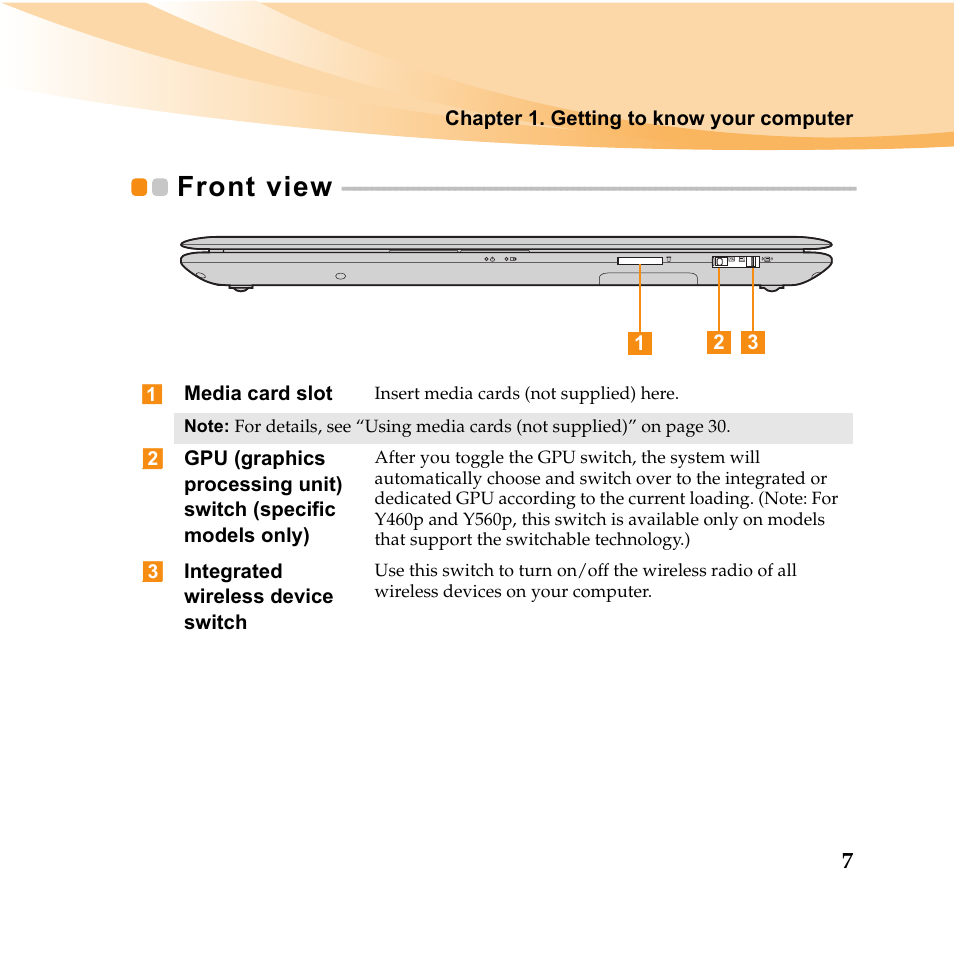 Front view | Lenovo IDEAPAD Y560P User Manual | Page 21 / 145