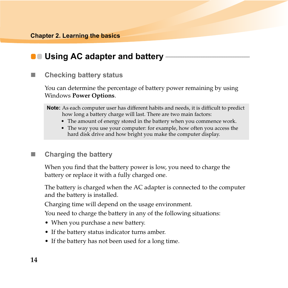 Using ac adapter and battery | Lenovo IDEAPAD Y560P User Manual | Page 28 / 145