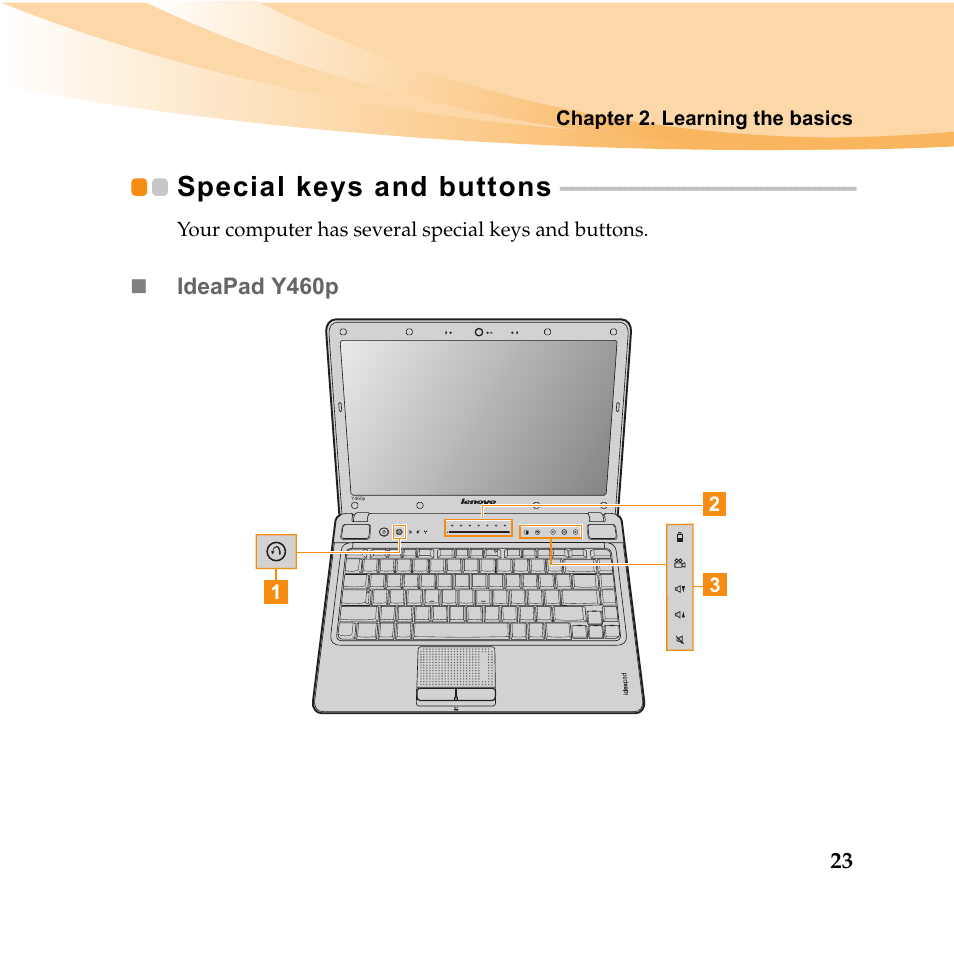 Special keys and buttons | Lenovo IDEAPAD Y560P User Manual | Page 37 / 145