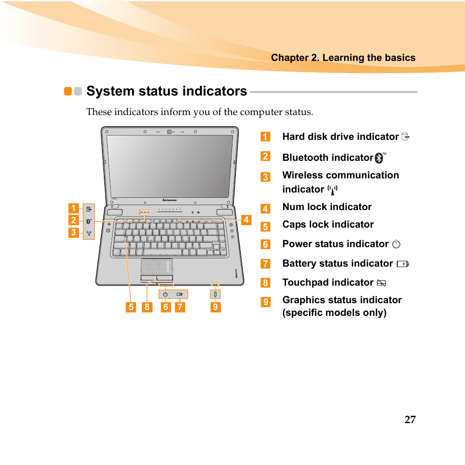 System status indicators | Lenovo IDEAPAD Y560P User Manual | Page 41 / 145