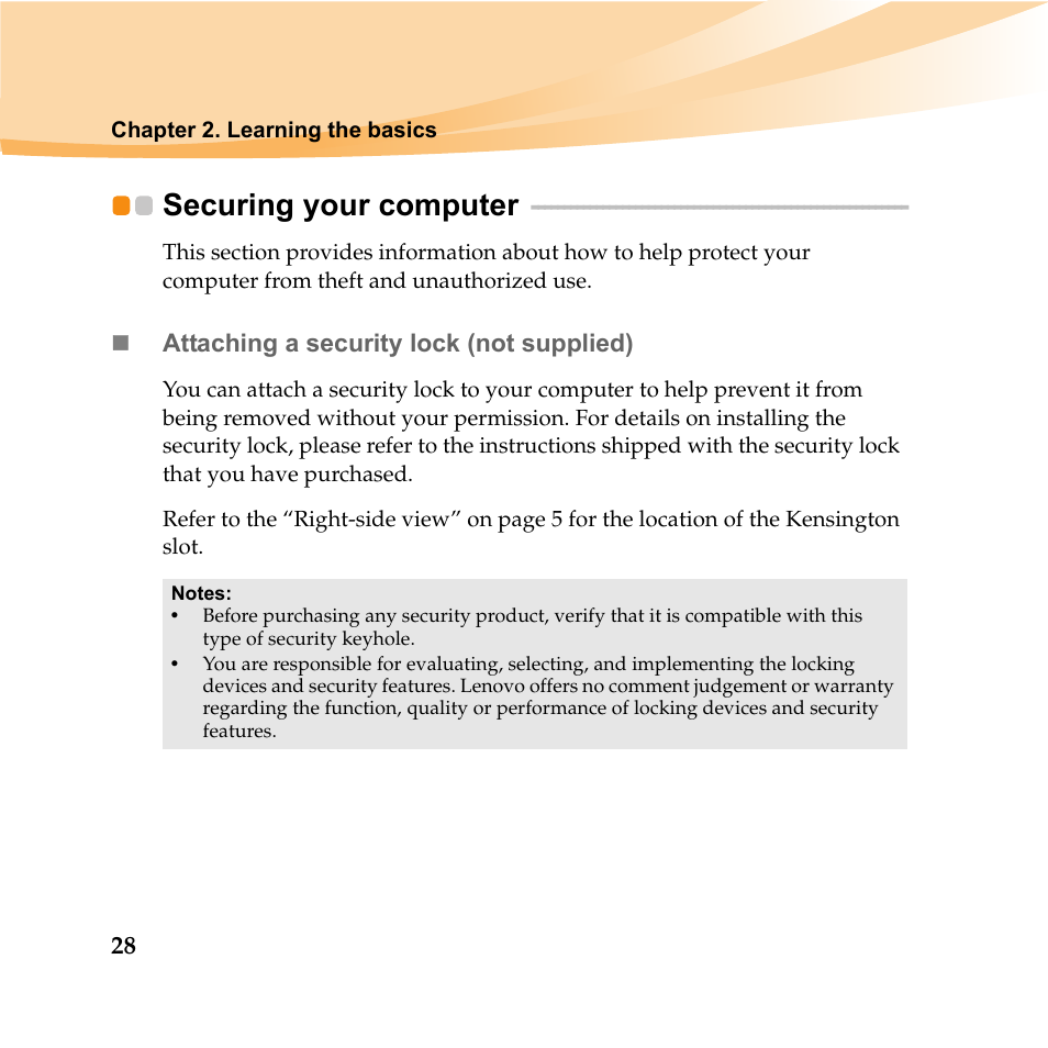 Securing your computer | Lenovo IDEAPAD Y560P User Manual | Page 42 / 145