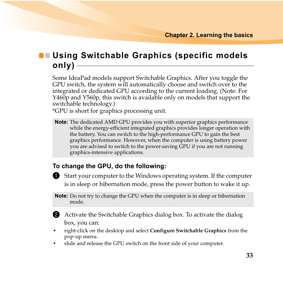 Using switchable graphics (specific modelsonly), Using switchable graphics (specific models only) | Lenovo IDEAPAD Y560P User Manual | Page 47 / 145