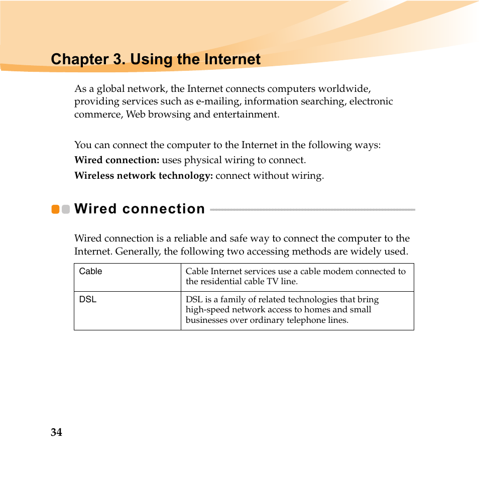 Chapter 3. using the internet, Wired connection | Lenovo IDEAPAD Y560P User Manual | Page 48 / 145