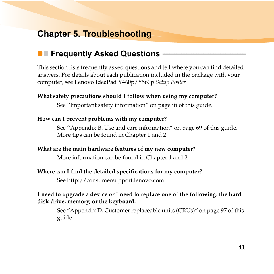 Chapter 5. troubleshooting, Frequently asked questions | Lenovo IDEAPAD Y560P User Manual | Page 55 / 145