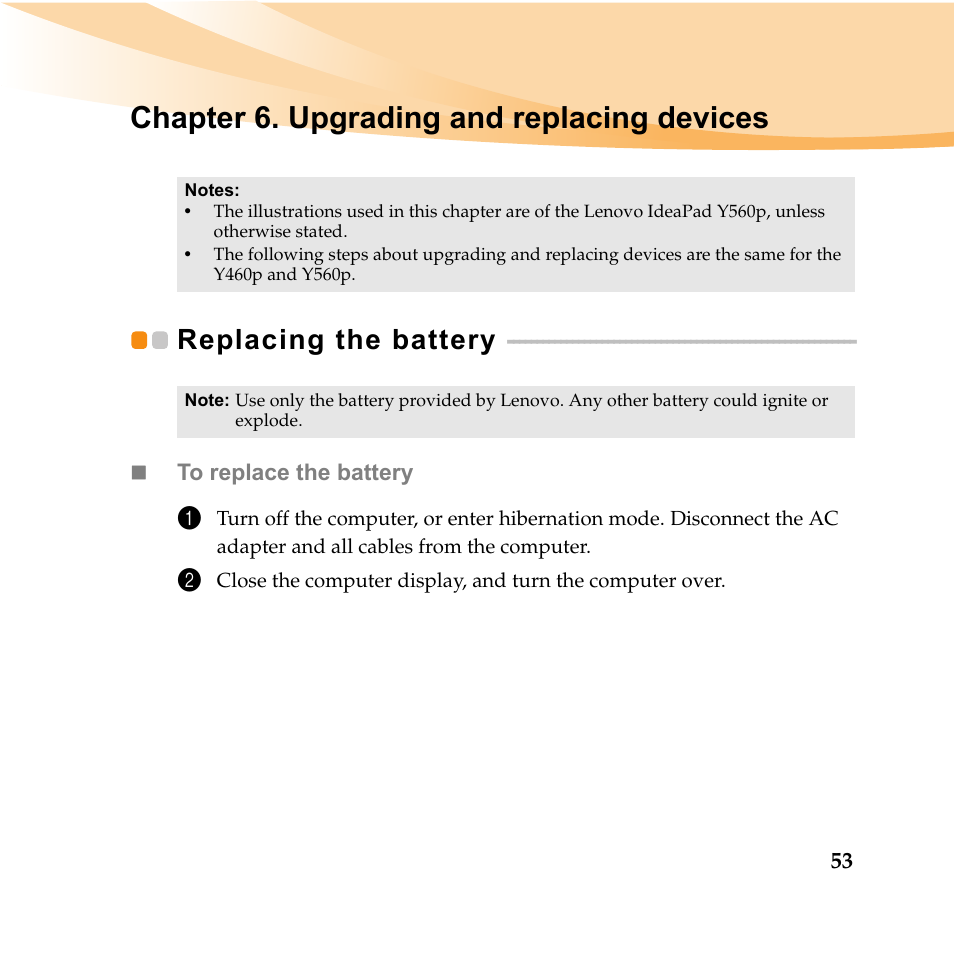 Chapter 6. upgrading and replacing devices, Replacing the battery | Lenovo IDEAPAD Y560P User Manual | Page 67 / 145