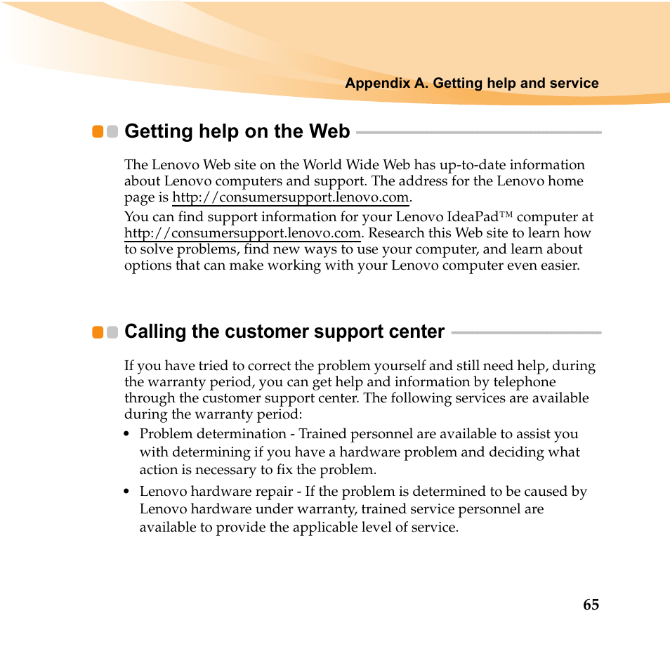 Getting help on the web, Calling the customer support center | Lenovo IDEAPAD Y560P User Manual | Page 79 / 145