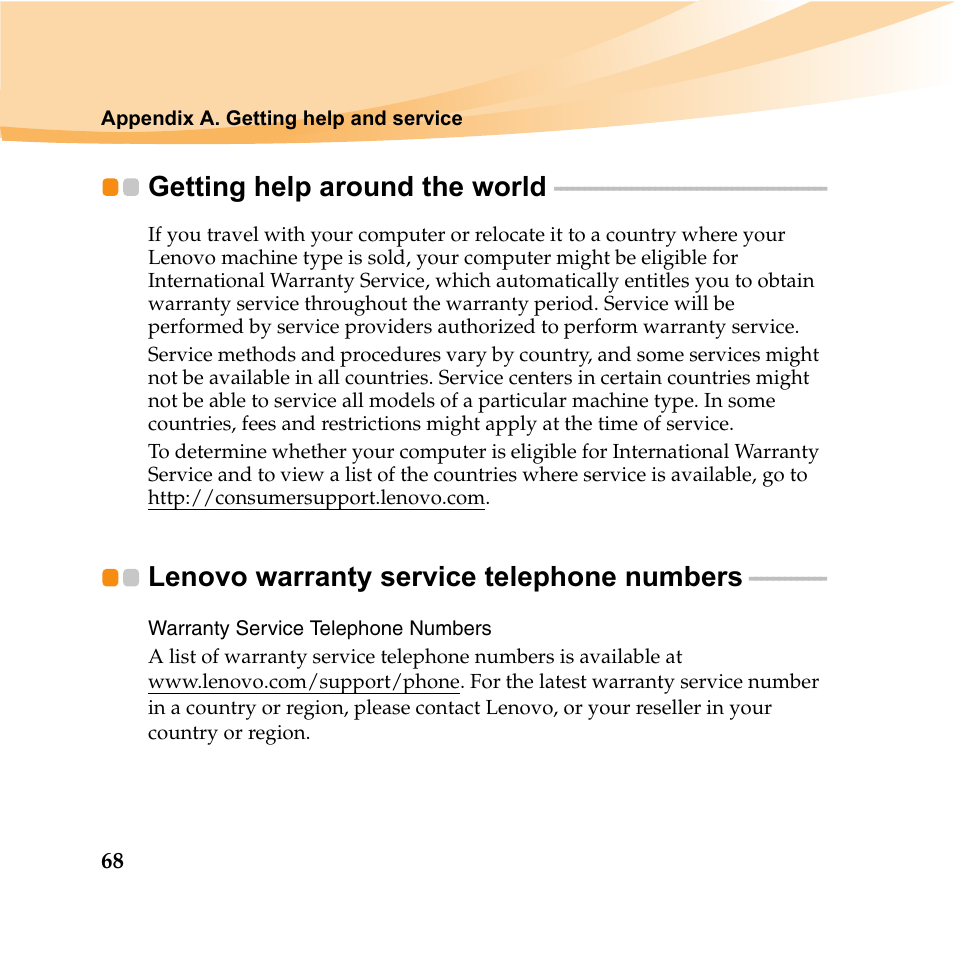 Getting help around the world, Lenovo warranty service telephone numbers | Lenovo IDEAPAD Y560P User Manual | Page 82 / 145