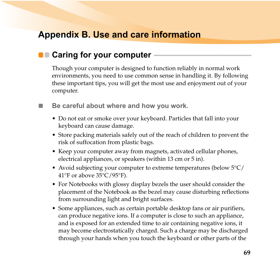 Appendix b. use and care information, Caring for your computer | Lenovo IDEAPAD Y560P User Manual | Page 83 / 145