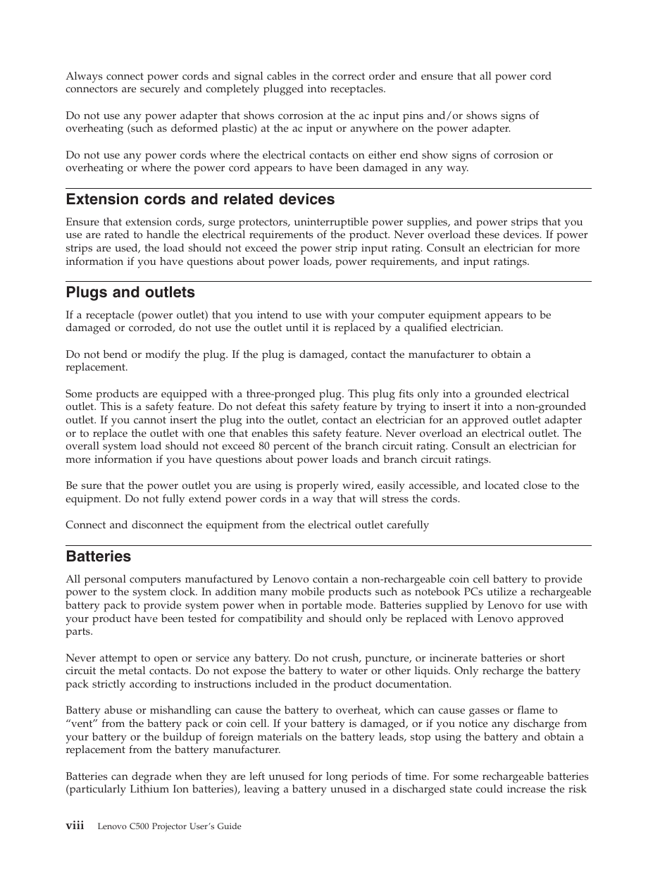 Extension cords and related devices, Plugs and outlets, Batteries | Extension, Cords, Related, Devices, Viii, Plugs, Outlets | Lenovo C500 User Manual | Page 10 / 92