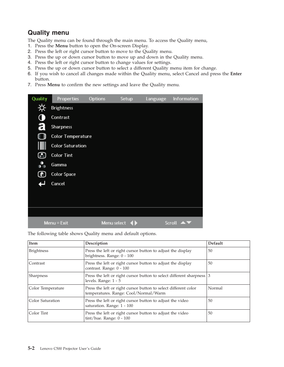 Quality menu, Quality, Menu | Lenovo C500 User Manual | Page 34 / 92