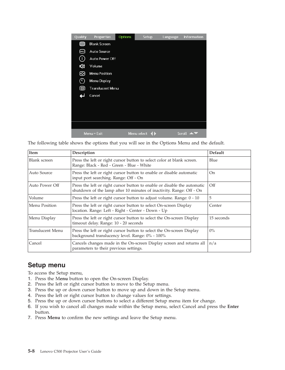 Setup menu, Setup, Menu | Lenovo C500 User Manual | Page 40 / 92