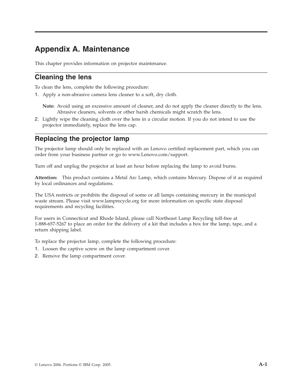 Appendix a. maintenance, Cleaning the lens, Replacing the projector lamp | Appendix, Maintenance, Cleaning, Lens, Replacing, Projector, Lamp | Lenovo C500 User Manual | Page 55 / 92