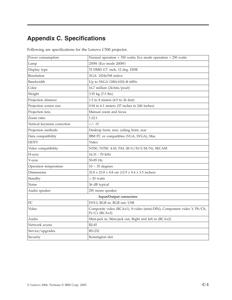Appendix c. specifications, Appendix, Specifications | Lenovo C500 User Manual | Page 63 / 92