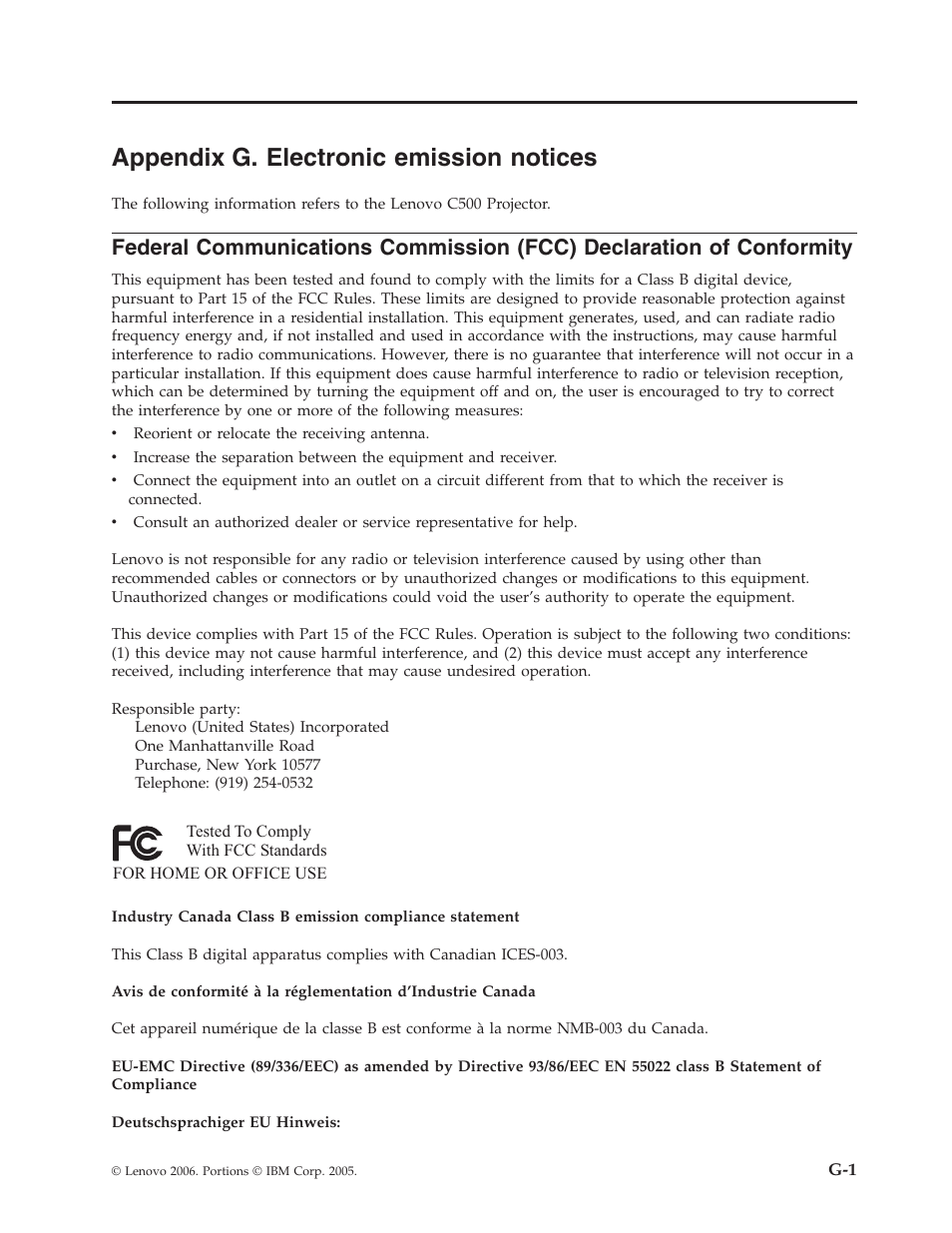 Appendix g. electronic emission notices, Appendix, Electronic | Emission, Notices, Federal, Communications, Commission, Fcc), Declaration | Lenovo C500 User Manual | Page 87 / 92