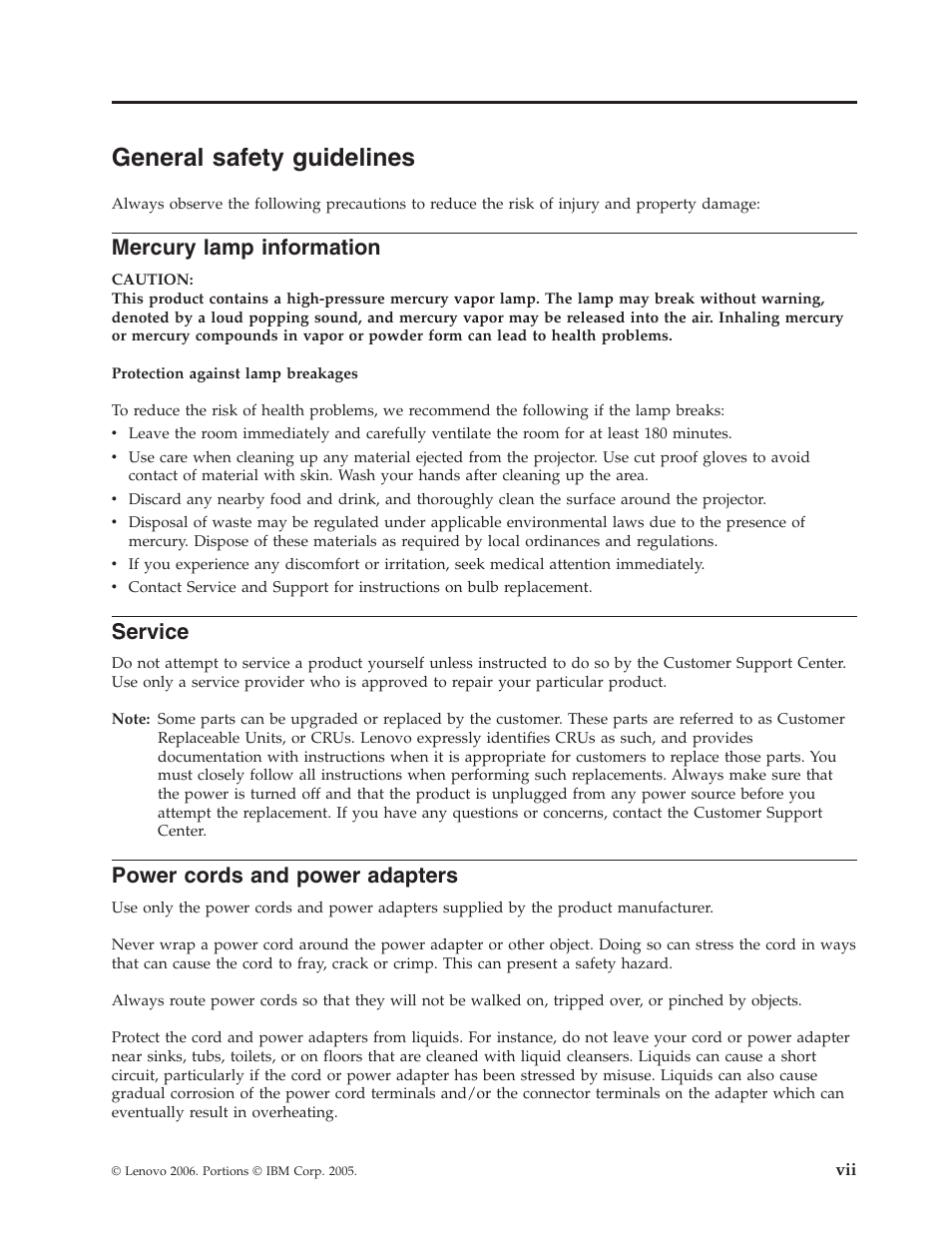 General safety guidelines, Mercury lamp information, Service | Power cords and power adapters, General, Safety, Guidelines, Mercury, Lamp, Information | Lenovo C500 User Manual | Page 9 / 92