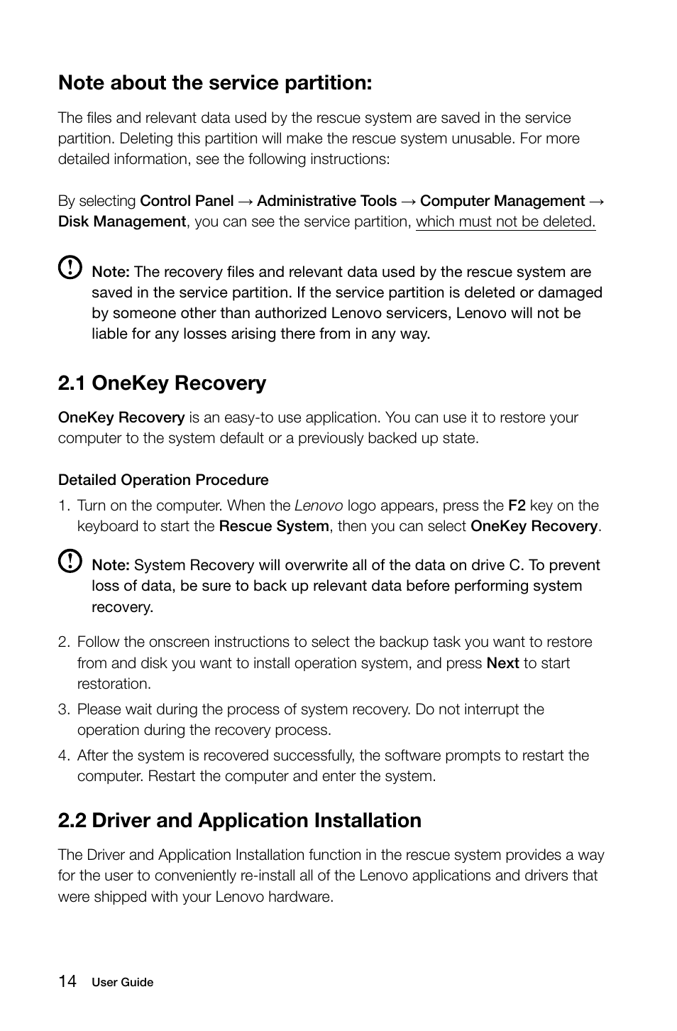 1 onekey recovery, 2 driver and application installation | Lenovo 10041-10049 User Manual | Page 19 / 35
