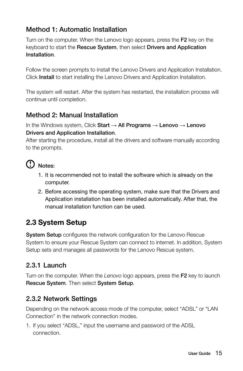 3 system setup, Method 1: automatic installation, Method 2: manual installation | 1 launch, 2 network settings | Lenovo 10041-10049 User Manual | Page 20 / 35