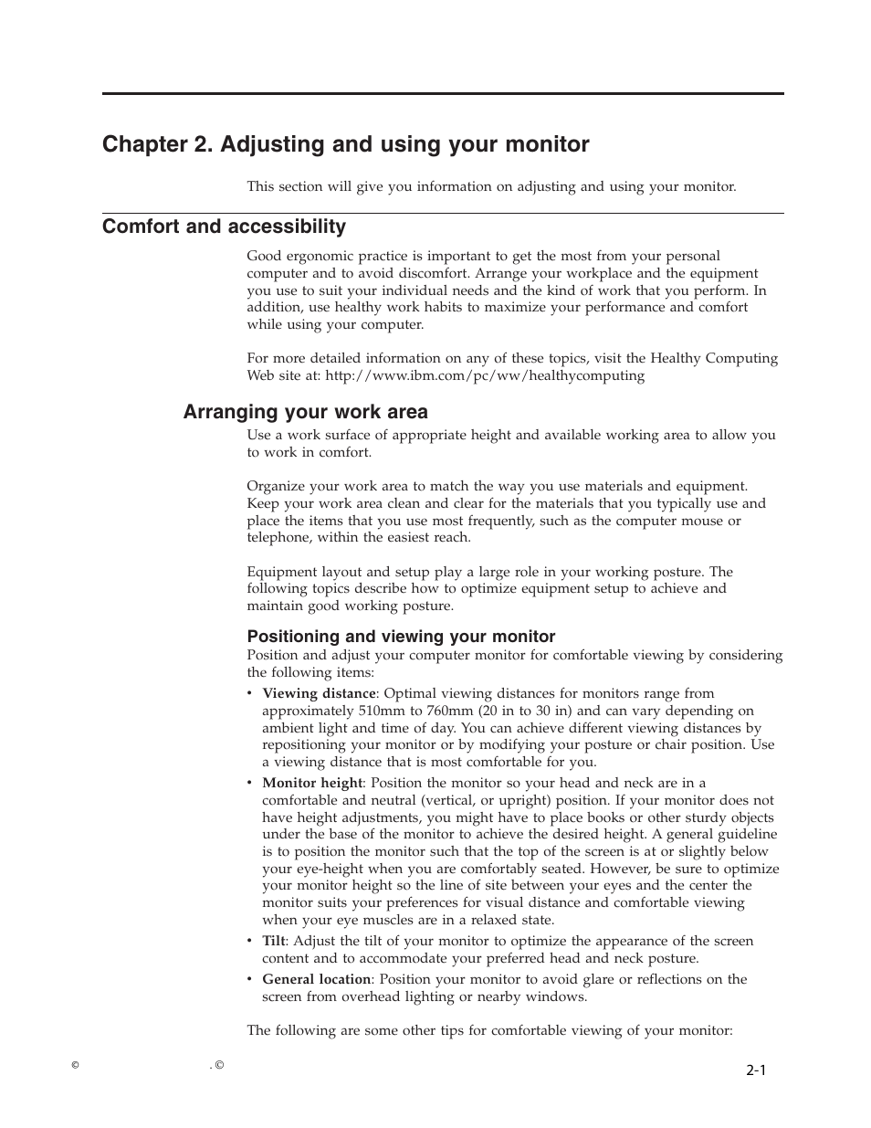 Chapter 2. adjusting and using your monitor, Comfort and accessibility, Arranging your work area | Positioning and viewing your monitor, Chapter, Adjusting, Using, Your, Monitor, Comfort | Lenovo D173 User Manual | Page 10 / 30