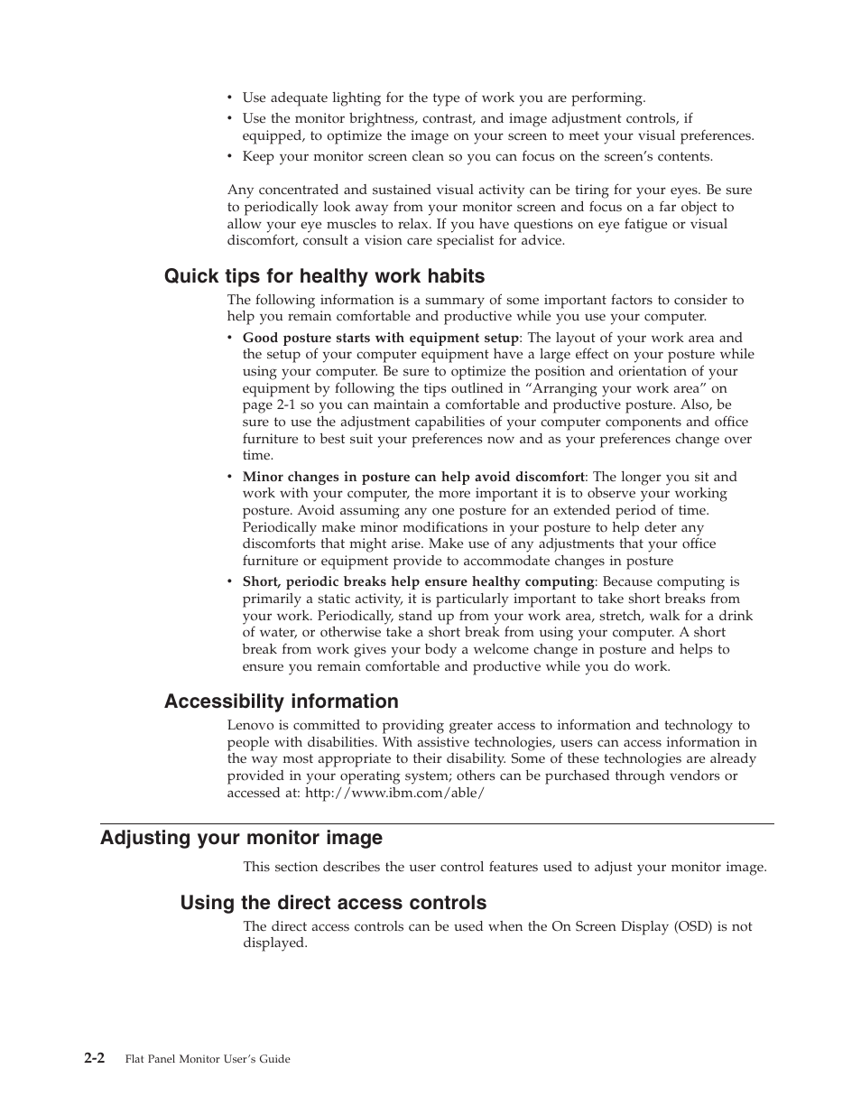 Quick tips for healthy work habits, Accessibility information, Adjusting your monitor image | Using the direct access controls, Quick, Tips, Healthy, Work, Habits, Accessibility | Lenovo D173 User Manual | Page 11 / 30