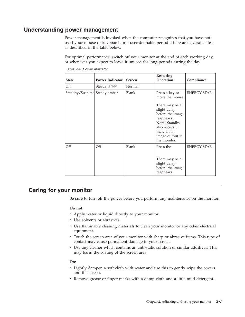 Understanding power management, Caring for your monitor, Caring | Your, Monitor, Understanding, Power, Management | Lenovo D173 User Manual | Page 16 / 30