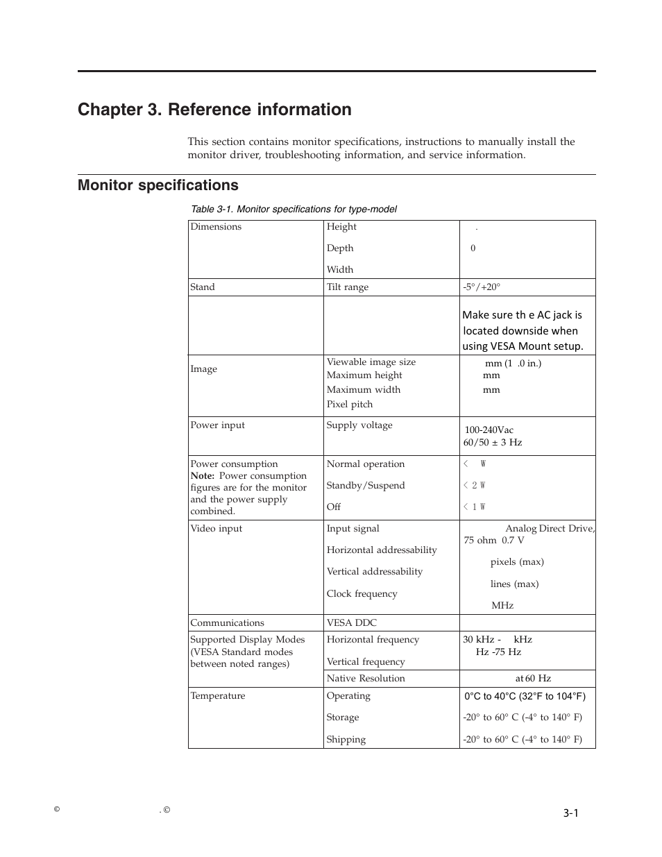 Chapter 3. reference information, Monitor specifications, Chapter | Reference, Information, Monitor, Specifications | Lenovo D173 User Manual | Page 17 / 30