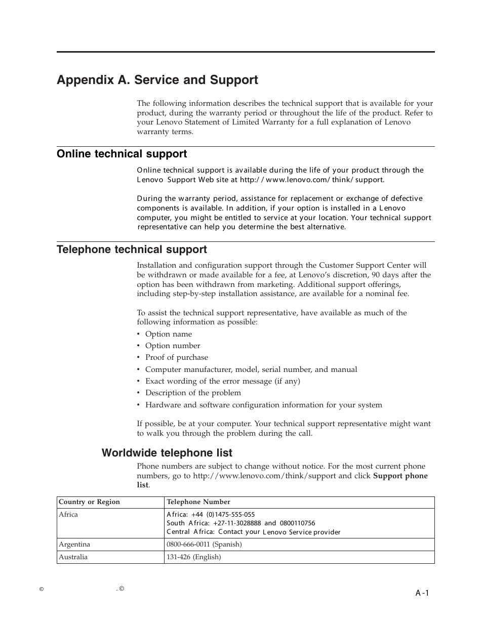Appendix a. service and support, Online technical support, Telephone technical support | Worldwide telephone list, Appendix, Service, Support, Telephone, Technical, Worldwide | Lenovo D173 User Manual | Page 25 / 30