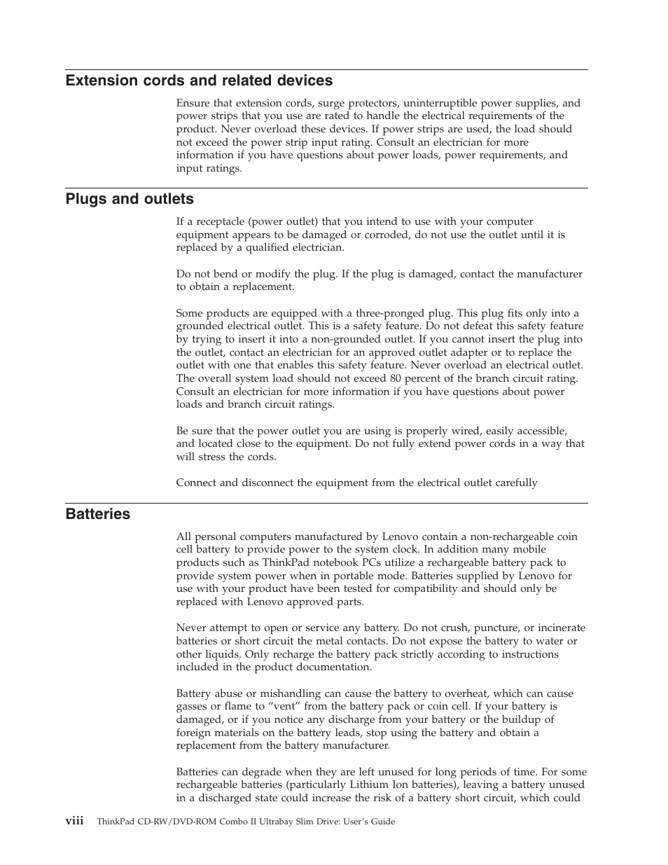 Extension cords and related devices, Plugs and outlets, Batteries | Extension, Cords, Related, Devices, Viii, Plugs, Outlets | Lenovo ThinkPad 40Y8626 User Manual | Page 10 / 58
