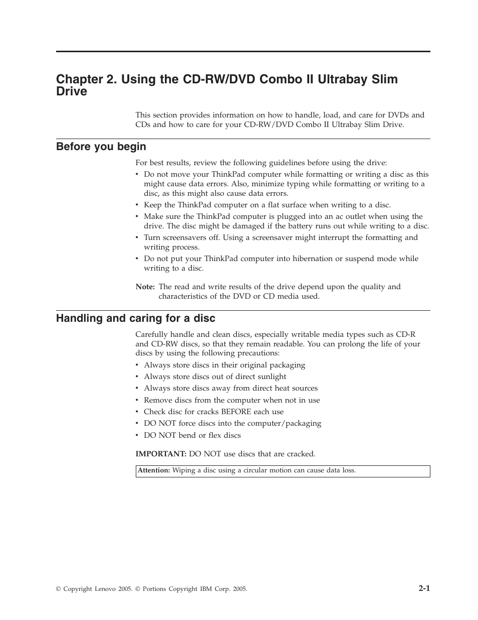 Before you begin, Handling and caring for a disc, Chapter | Using, Cd-rw/dvd, Combo, Ultrabay, Slim, Drive, Before | Lenovo ThinkPad 40Y8626 User Manual | Page 19 / 58