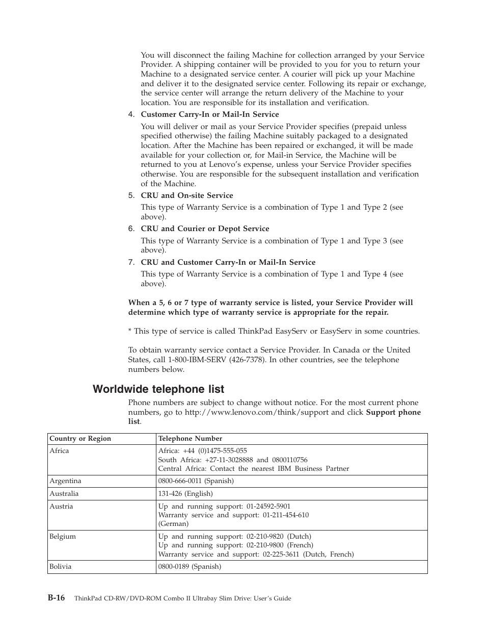 Worldwide telephone list, Worldwide, Telephone | List, B-16 | Lenovo ThinkPad 40Y8626 User Manual | Page 46 / 58