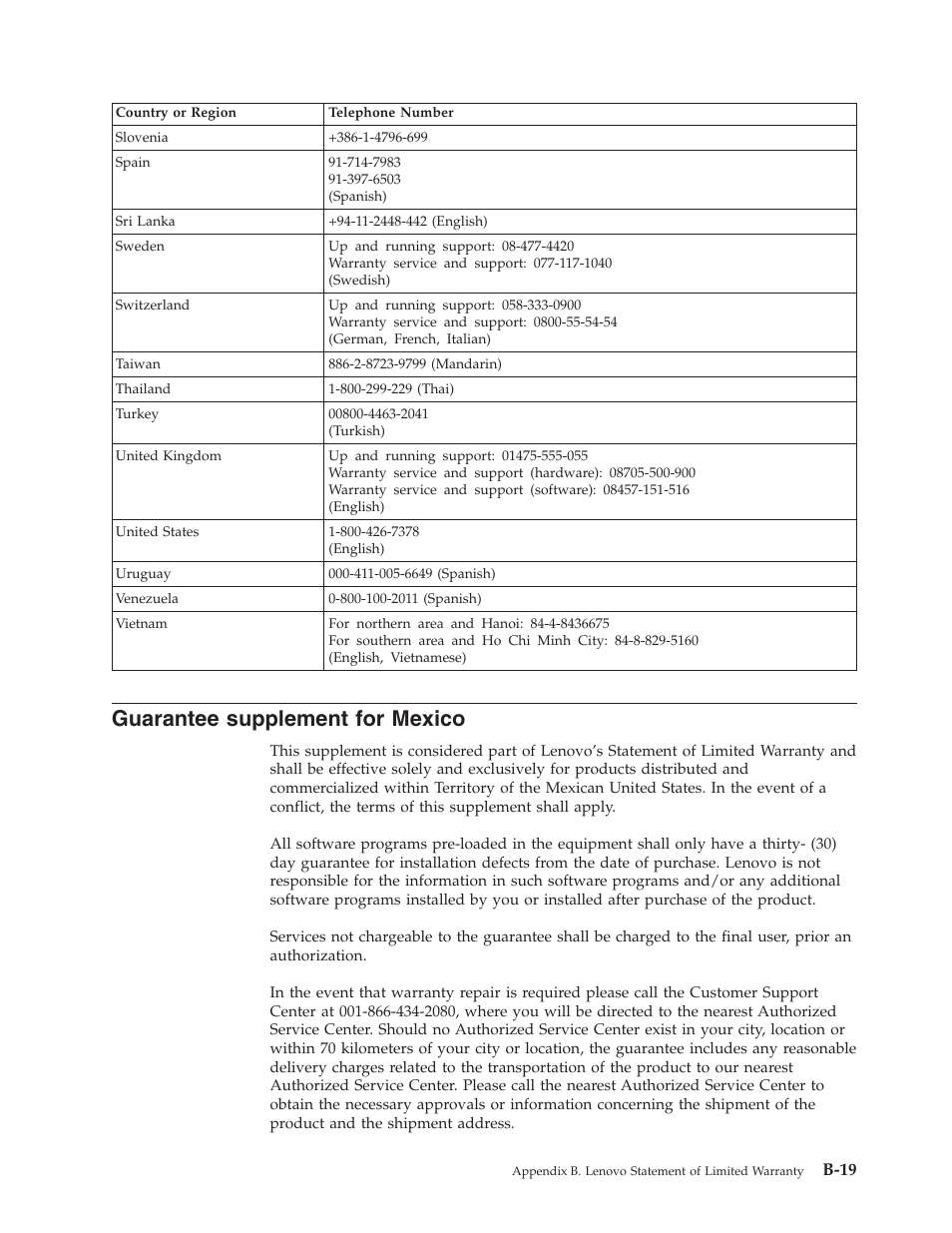 Guarantee supplement for mexico, Guarantee, Supplement | Mexico, B-19 | Lenovo ThinkPad 40Y8626 User Manual | Page 49 / 58