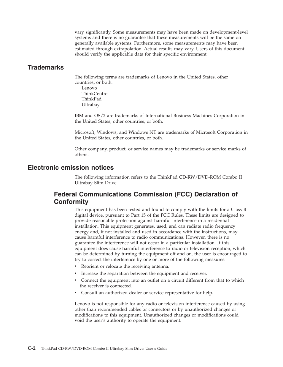 Trademarks, Electronic emission notices, Electronic | Emission, Notices, Federal, Communications, Commission, Fcc), Declaration | Lenovo ThinkPad 40Y8626 User Manual | Page 52 / 58