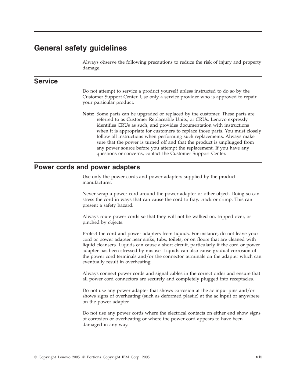 General safety guidelines, Service, Power cords and power adapters | General, Safety, Guidelines, Power, Cords, Adapters | Lenovo ThinkPad 40Y8626 User Manual | Page 9 / 58