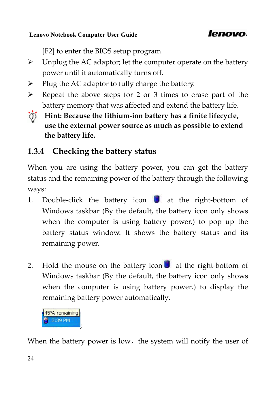 4 checking the battery status | Lenovo 3000 Series User Manual | Page 24 / 66