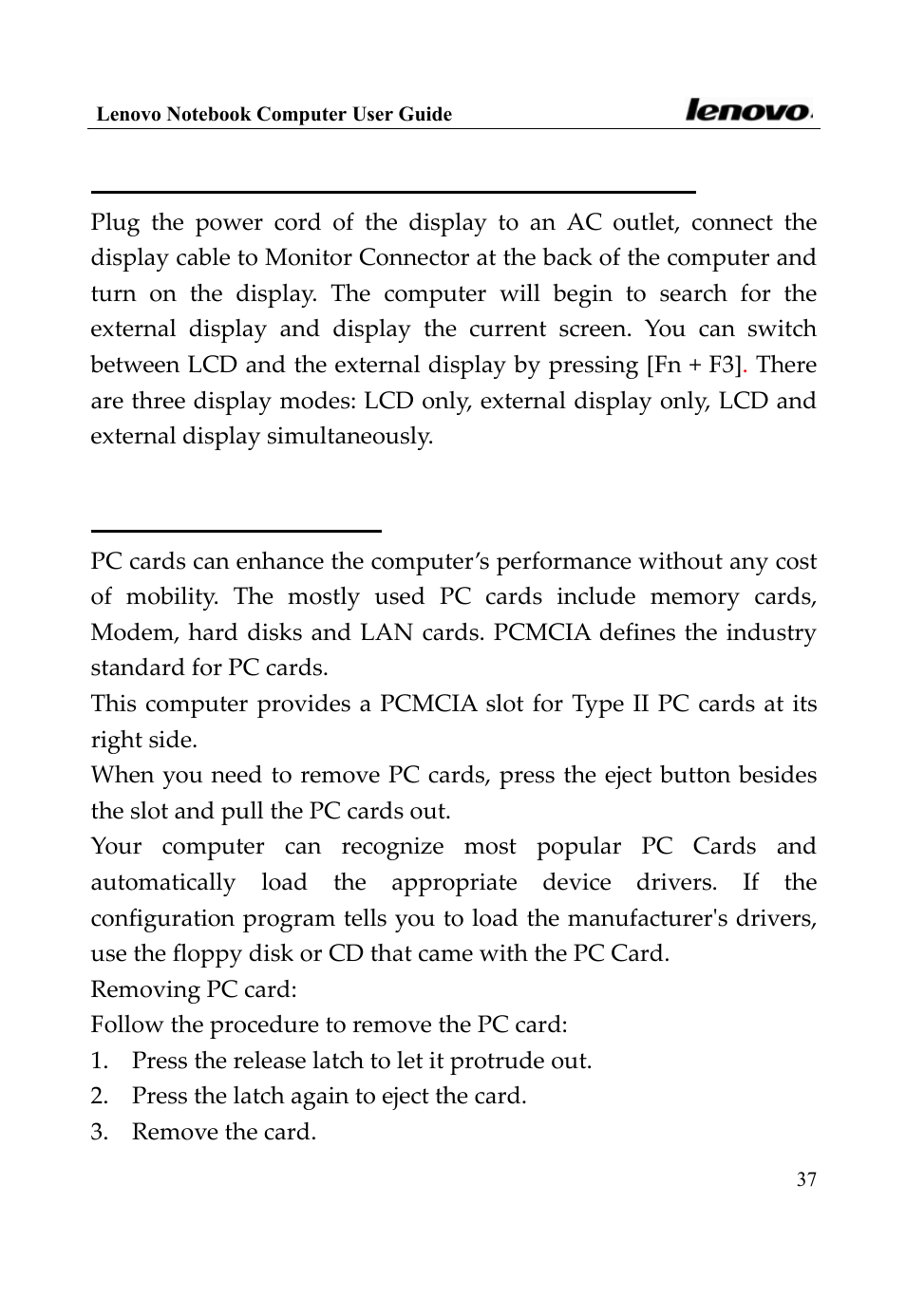 5 connecting to external display device, 6 using pc cards | Lenovo 3000 Series User Manual | Page 37 / 66