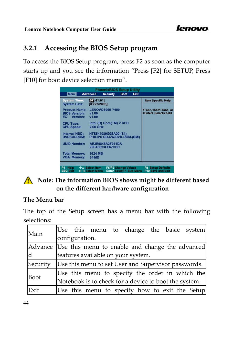 1 accessing the bios setup program | Lenovo 3000 Series User Manual | Page 44 / 66