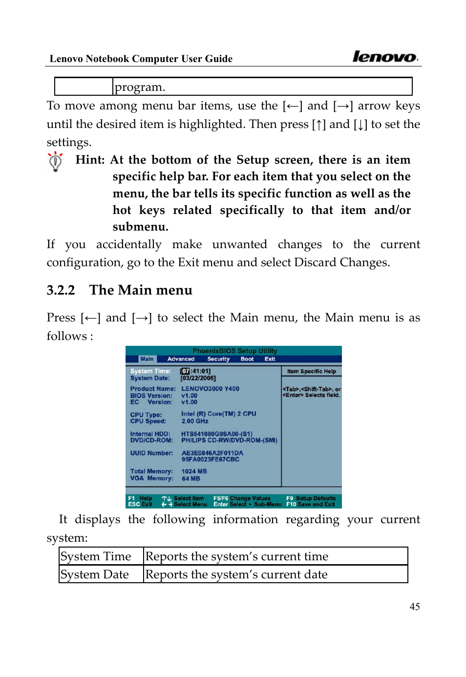 2 the main menu | Lenovo 3000 Series User Manual | Page 45 / 66