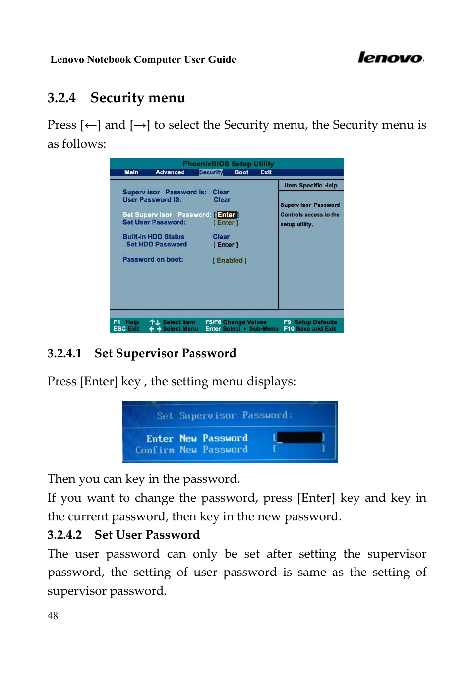 4 security menu | Lenovo 3000 Series User Manual | Page 48 / 66