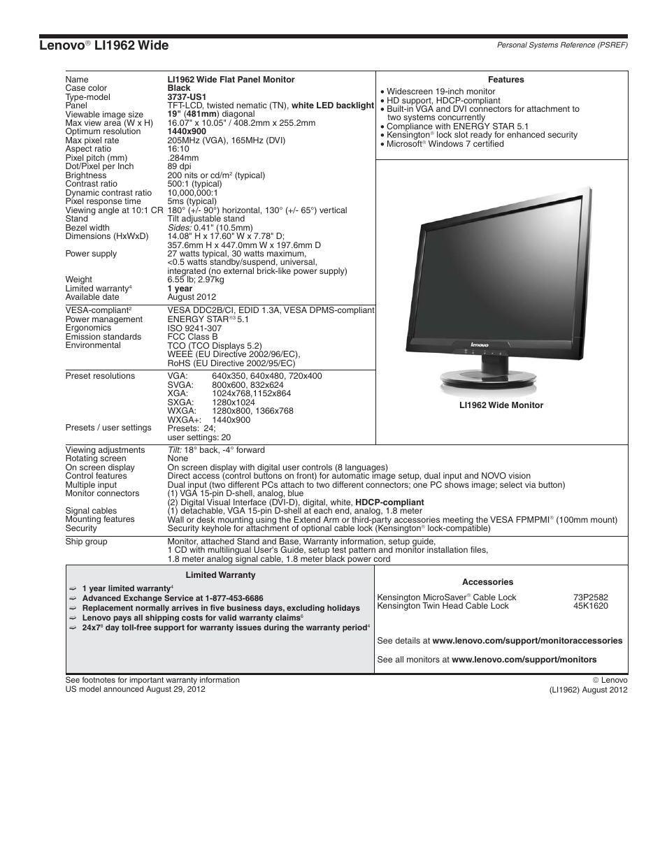 Lenovo li1962 wide, Lenovo, Li1962 wide | Lenovo L2363D User Manual | Page 2 / 15