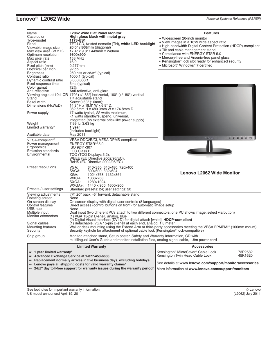 Lenovo l2062 wide, Lenovo, L2062 wide | Lenovo l2062 wide monitor | Lenovo L2363D User Manual | Page 3 / 15