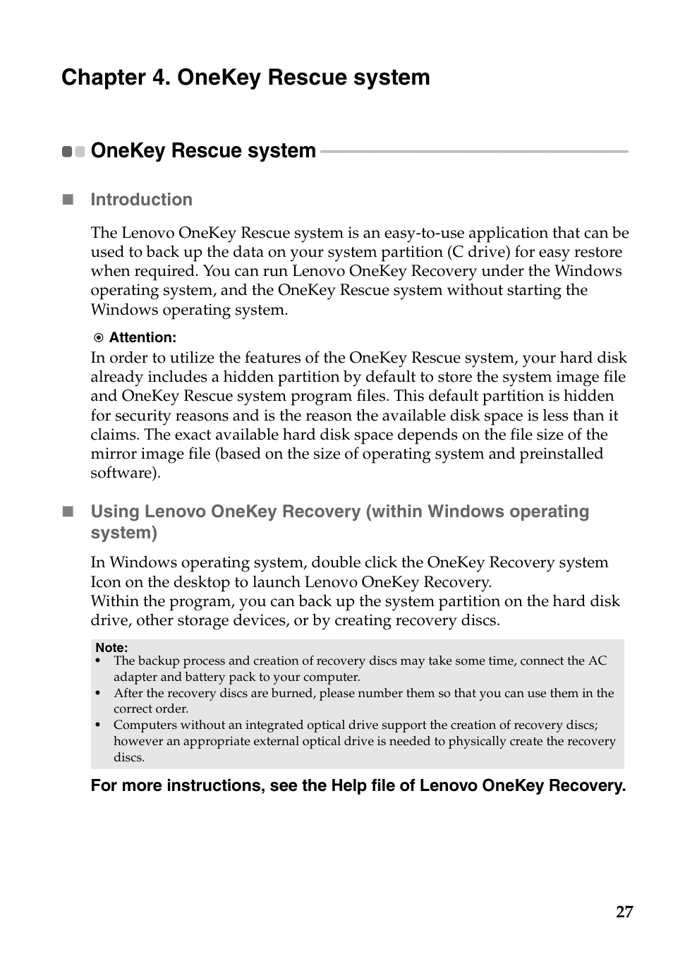 Chapter 4. onekey rescue system, Onekey rescue system | Lenovo S300 User Manual | Page 31 / 43