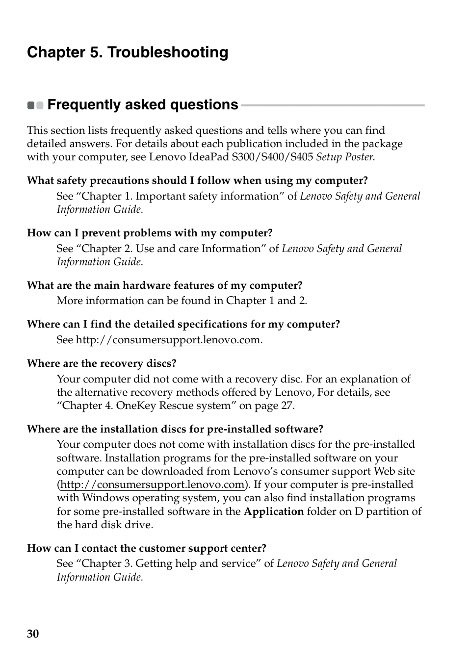 Chapter 5. troubleshooting, Frequently asked questions | Lenovo S300 User Manual | Page 34 / 43