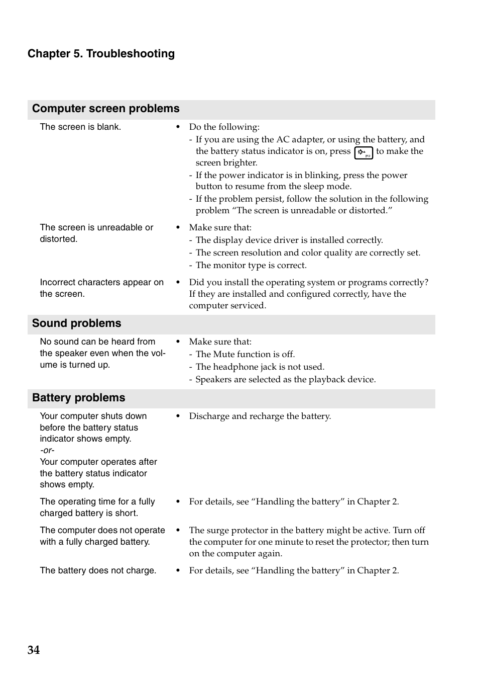 Sound problems, Battery problems | Lenovo S300 User Manual | Page 38 / 43