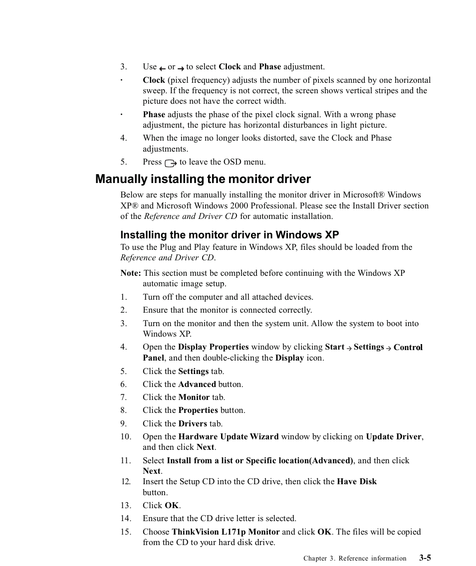 Manually installing the monitor driver, Installing the monitor driver in windows xp | Lenovo THINKVISION 9227-HB2 User Manual | Page 25 / 35